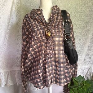 Free People FP One Plaid Ruffle Button Down Blouse Top Cotton Small Red Blue